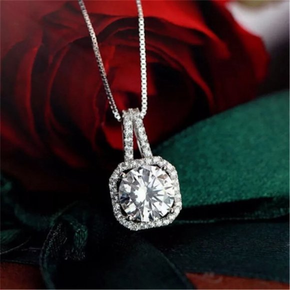 S925 Square Design Cubic Zircon Pendant Necklaces - Picture 3 of 6